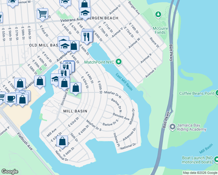 map of restaurants, bars, coffee shops, grocery stores, and more near 2 Whitman Drive in Brooklyn