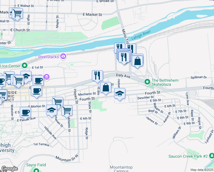 map of restaurants, bars, coffee shops, grocery stores, and more near 1136 East 3rd Street in Bethlehem