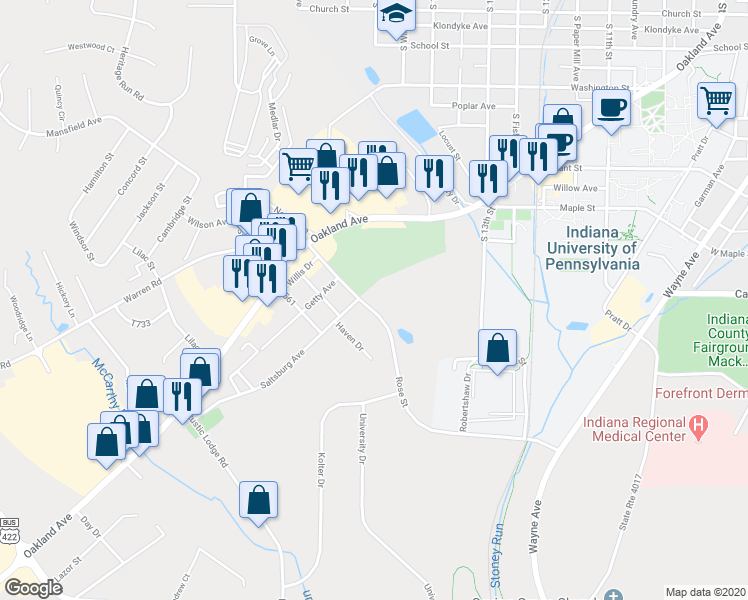 map of restaurants, bars, coffee shops, grocery stores, and more near 827 Rose Street in Indiana