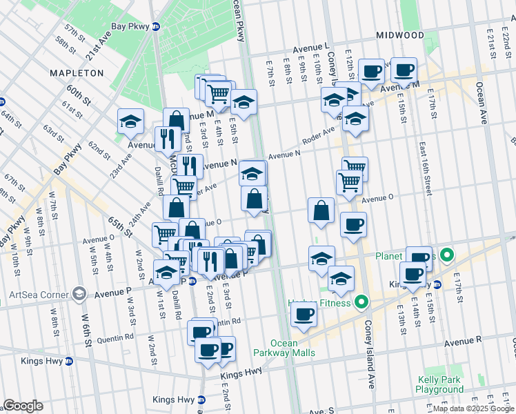 map of restaurants, bars, coffee shops, grocery stores, and more near 1496 Ocean Parkway in Brooklyn