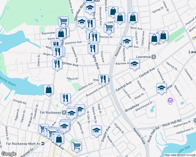 map of restaurants, bars, coffee shops, grocery stores, and more near 16 Redfern Avenue in Inwood