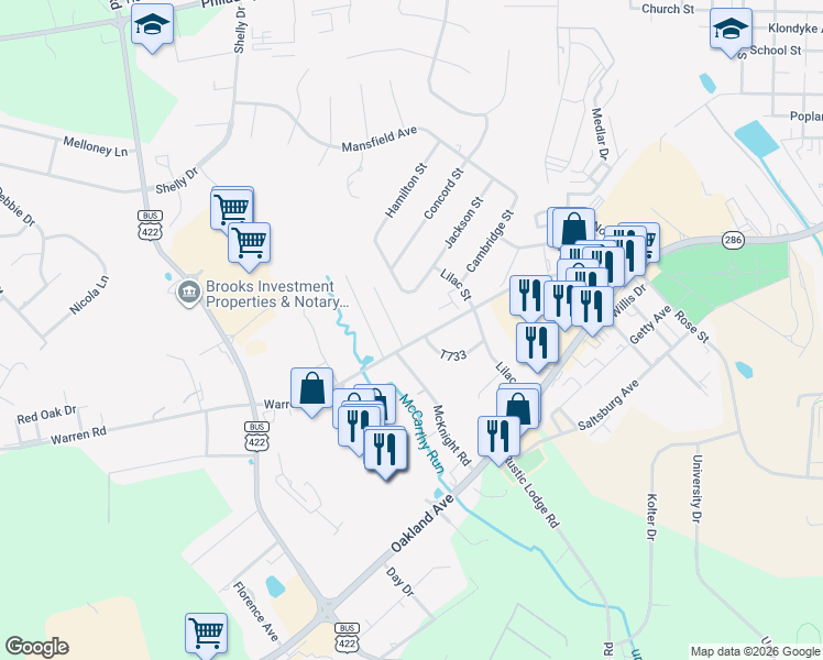 map of restaurants, bars, coffee shops, grocery stores, and more near 558 Georgetowne Village in Indiana