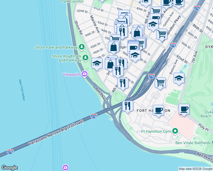 map of restaurants, bars, coffee shops, grocery stores, and more near 9967 Shore Road in Brooklyn