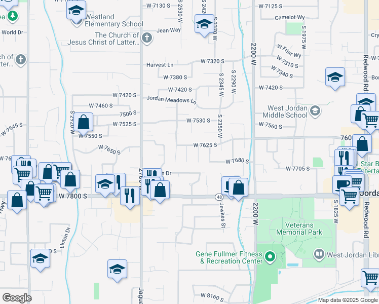 map of restaurants, bars, coffee shops, grocery stores, and more near 7647 South 2500 West in West Jordan
