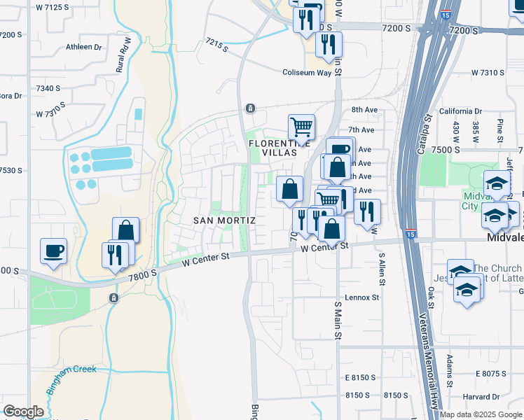 map of restaurants, bars, coffee shops, grocery stores, and more near 859 Capraia Court in Midvale