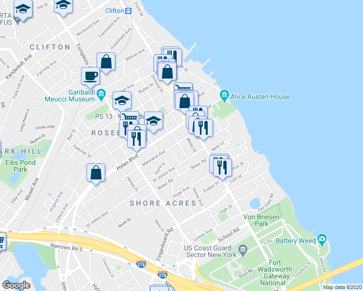 map of restaurants, bars, coffee shops, grocery stores, and more near 156 Maryland Avenue in Staten Island