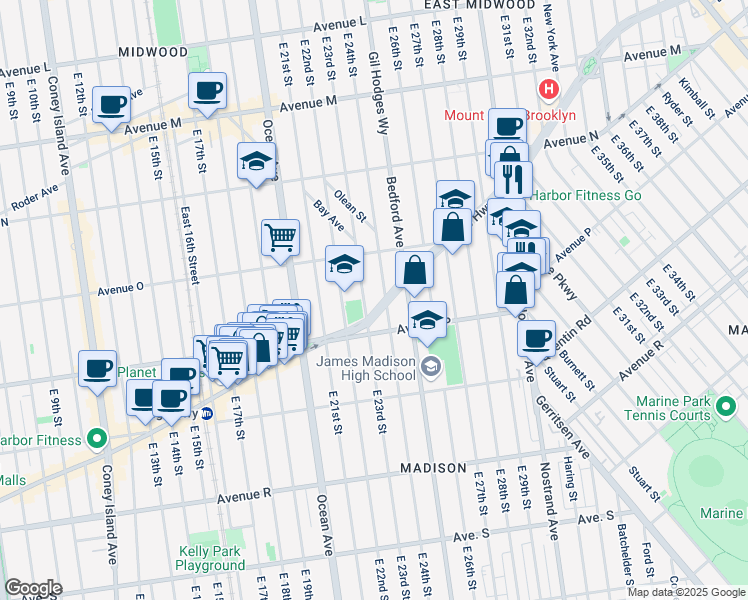 map of restaurants, bars, coffee shops, grocery stores, and more near 2301 Kings Highway in Brooklyn