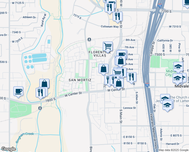 map of restaurants, bars, coffee shops, grocery stores, and more near 855 Capraia Court in Midvale