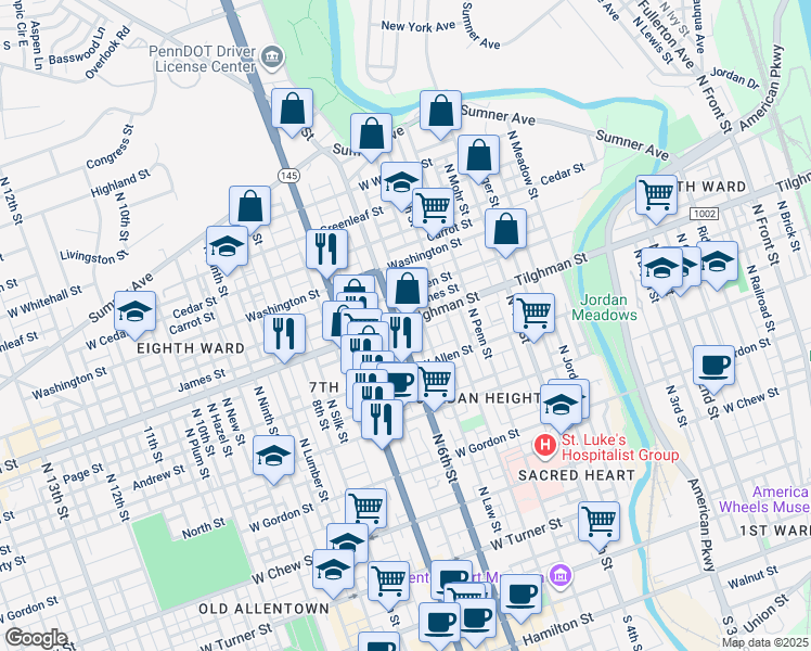 map of restaurants, bars, coffee shops, grocery stores, and more near 538 Tilghman Street in Allentown