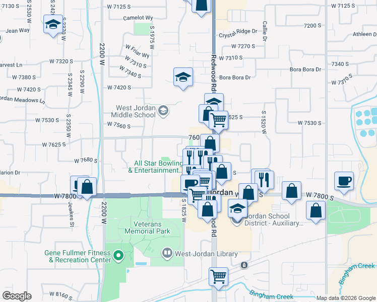 map of restaurants, bars, coffee shops, grocery stores, and more near 1805 West 7600 South in West Jordan
