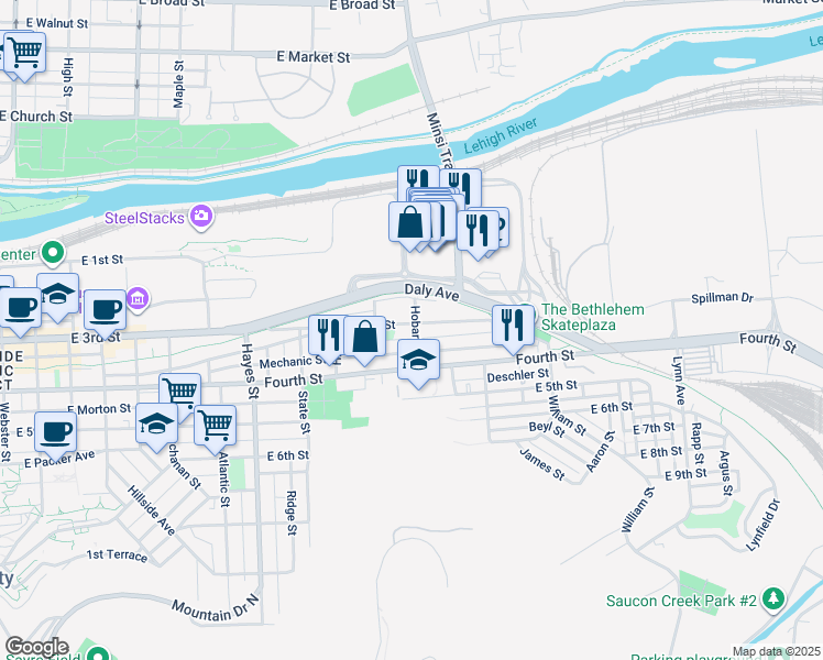 map of restaurants, bars, coffee shops, grocery stores, and more near 304 Hobart Street in Bethlehem