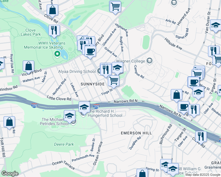 map of restaurants, bars, coffee shops, grocery stores, and more near 15 Tioga Street in Staten Island