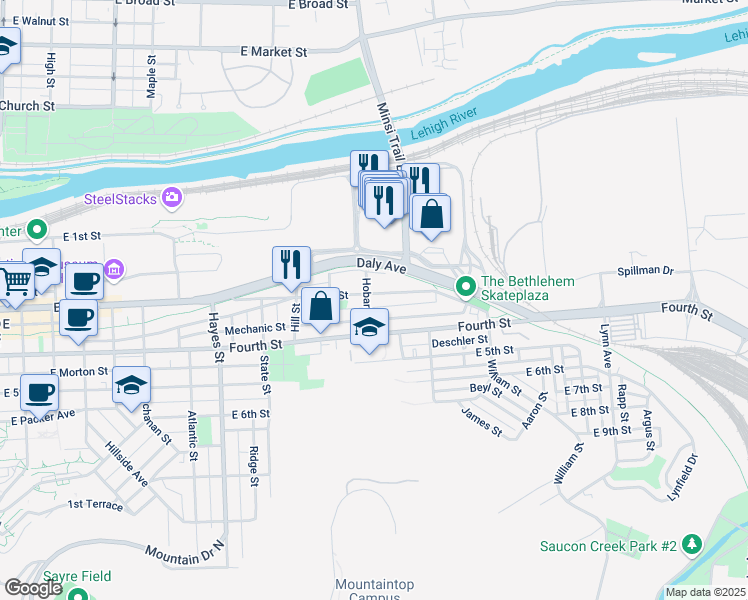 map of restaurants, bars, coffee shops, grocery stores, and more near 1206 East 3rd Street in Bethlehem