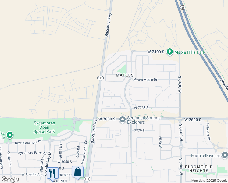 map of restaurants, bars, coffee shops, grocery stores, and more near 6791 Grevillea Lane in West Jordan