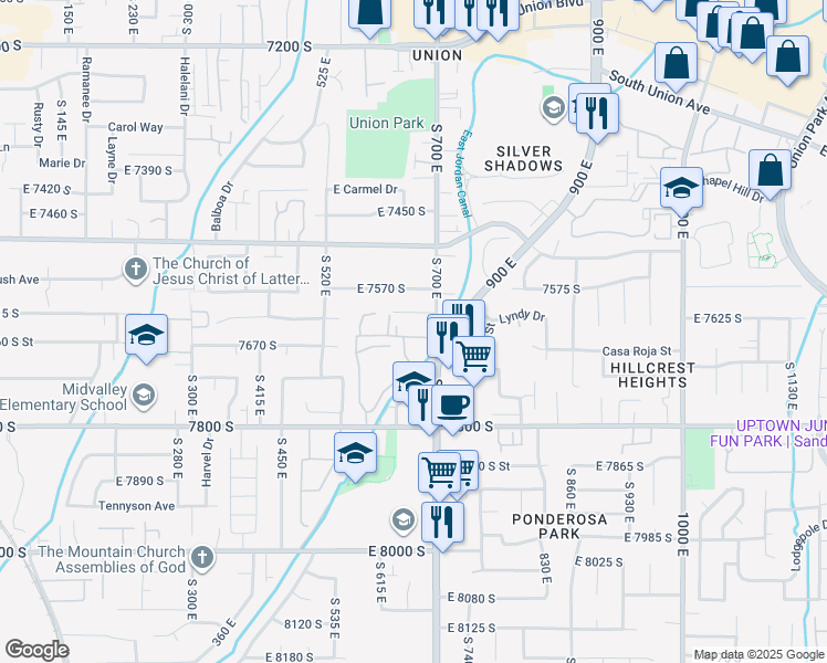 map of restaurants, bars, coffee shops, grocery stores, and more near 7618 South 700 East in Midvale