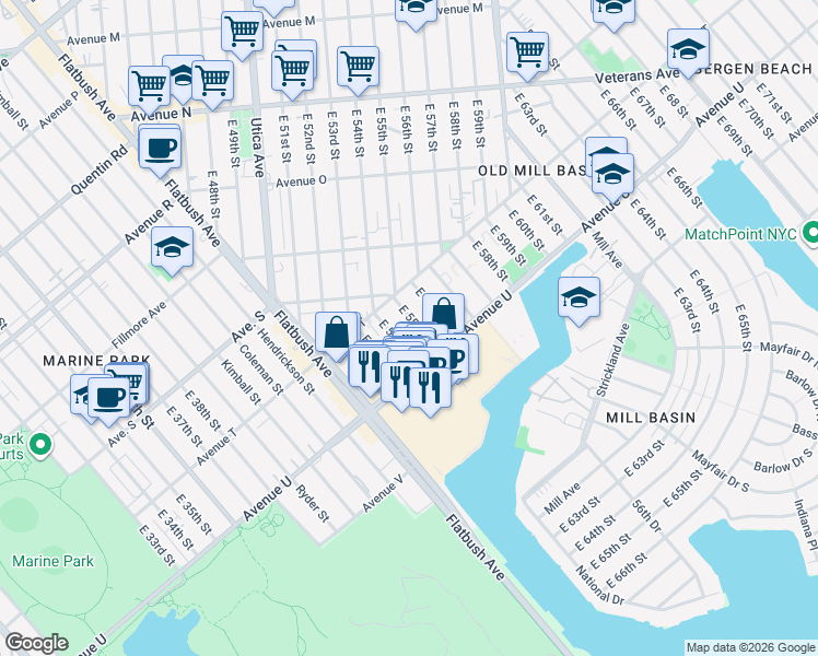 map of restaurants, bars, coffee shops, grocery stores, and more near 2023 East 54th Street in Brooklyn
