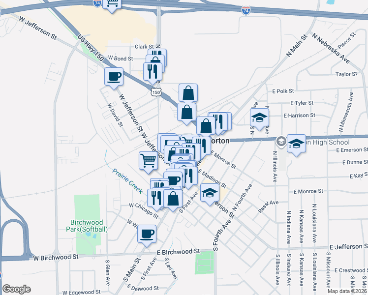 map of restaurants, bars, coffee shops, grocery stores, and more near 300-308 North Bauman Avenue in Morton