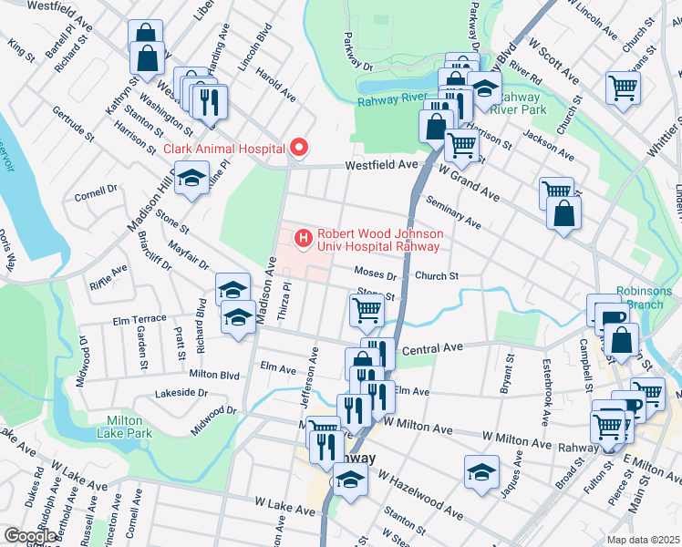 map of restaurants, bars, coffee shops, grocery stores, and more near 802 Moses Drive in Rahway