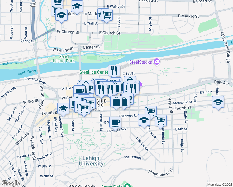 map of restaurants, bars, coffee shops, grocery stores, and more near 321 East 3rd Street in Bethlehem