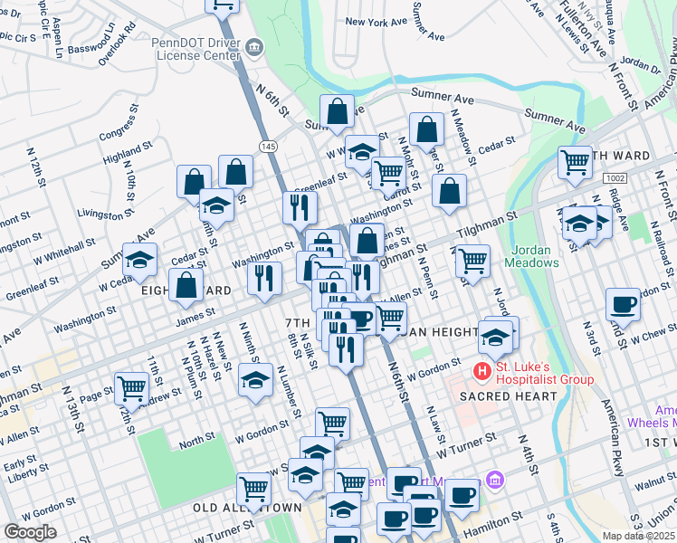 map of restaurants, bars, coffee shops, grocery stores, and more near 629 James Street in Allentown