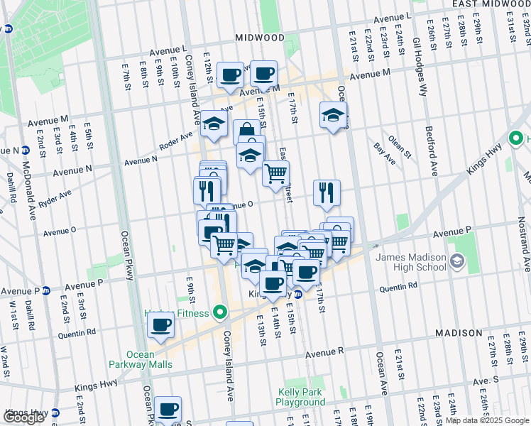 map of restaurants, bars, coffee shops, grocery stores, and more near 1517 East 15th Street in Brooklyn