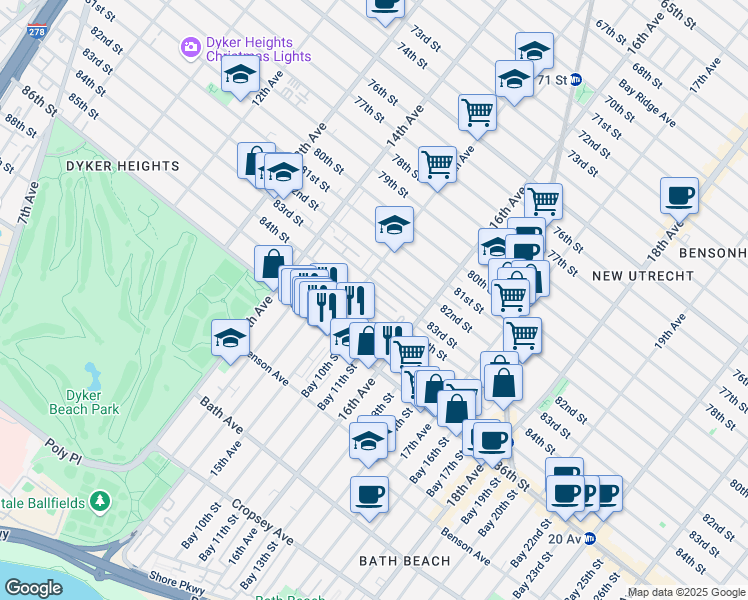 map of restaurants, bars, coffee shops, grocery stores, and more near 1536 83rd Street in Brooklyn
