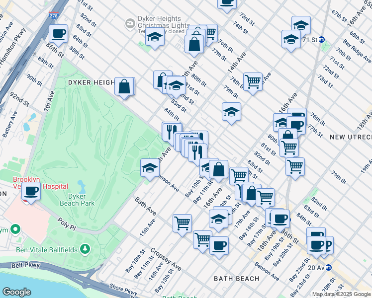 map of restaurants, bars, coffee shops, grocery stores, and more near 1448 85th Street in Brooklyn