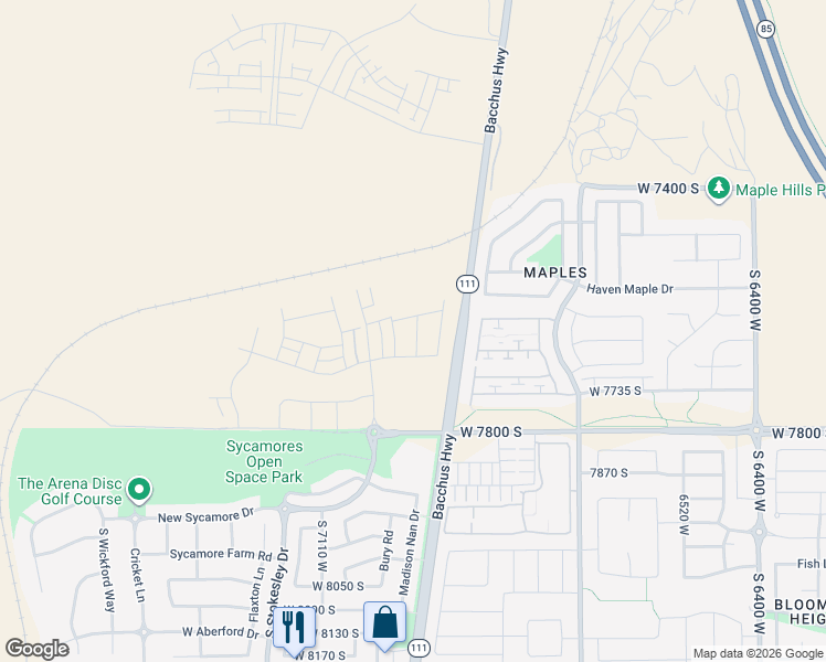 map of restaurants, bars, coffee shops, grocery stores, and more near 7622 Iron Canyon Lane in West Jordan