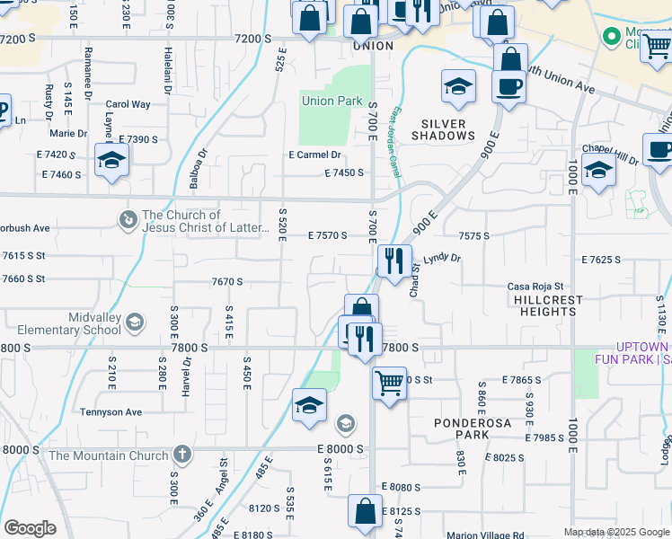 map of restaurants, bars, coffee shops, grocery stores, and more near 7640 Lark Meadow Cove in Midvale