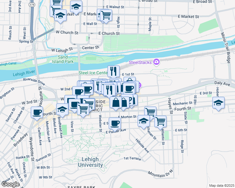 map of restaurants, bars, coffee shops, grocery stores, and more near 331-39 East 3rd Street in Bethlehem