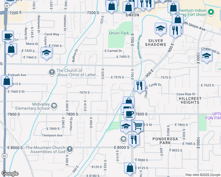 map of restaurants, bars, coffee shops, grocery stores, and more near 7640 Quail Springs Circle in Midvale