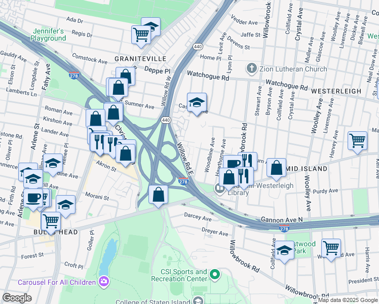 map of restaurants, bars, coffee shops, grocery stores, and more near 507-2 Willow Road East in Staten Island