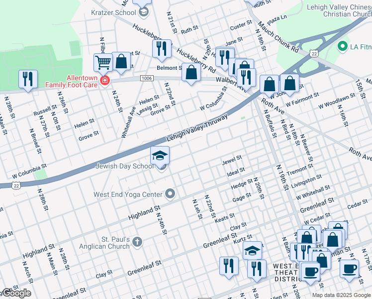 map of restaurants, bars, coffee shops, grocery stores, and more near 1243 North 22nd Street in Allentown