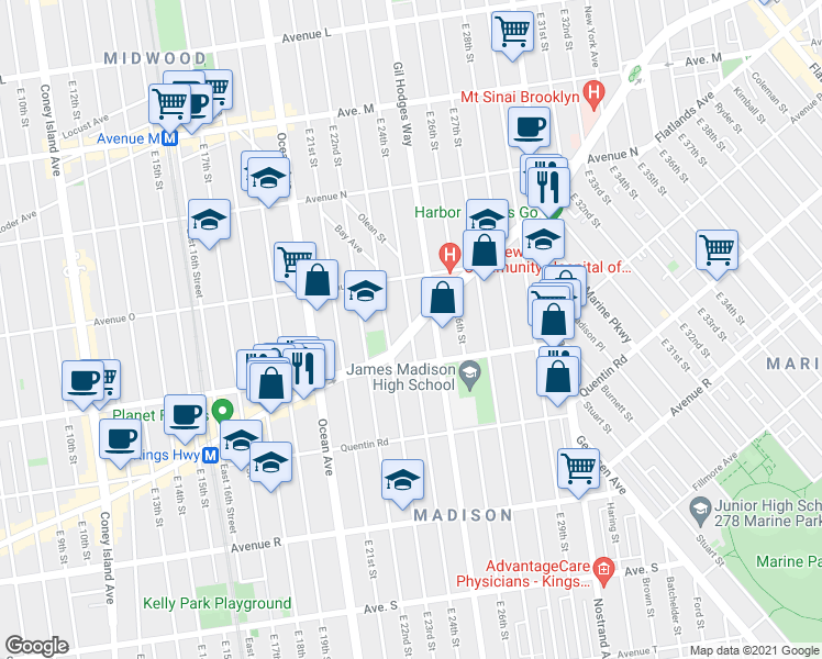 map of restaurants, bars, coffee shops, grocery stores, and more near East 24th Street in Brooklyn