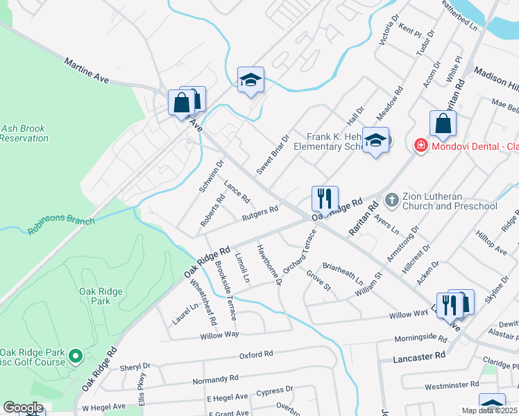 map of restaurants, bars, coffee shops, grocery stores, and more near 63 Lance Road in Clark