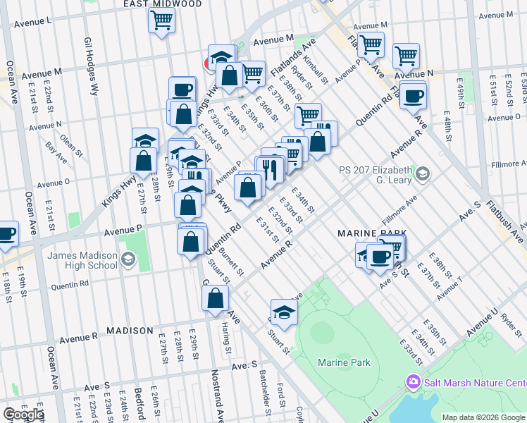 map of restaurants, bars, coffee shops, grocery stores, and more near 3120 Quentin Road in Brooklyn