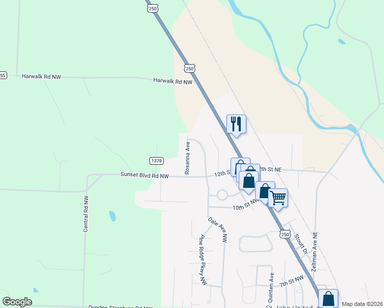 map of restaurants, bars, coffee shops, grocery stores, and more near 181 Rosanna Ave in Strasburg