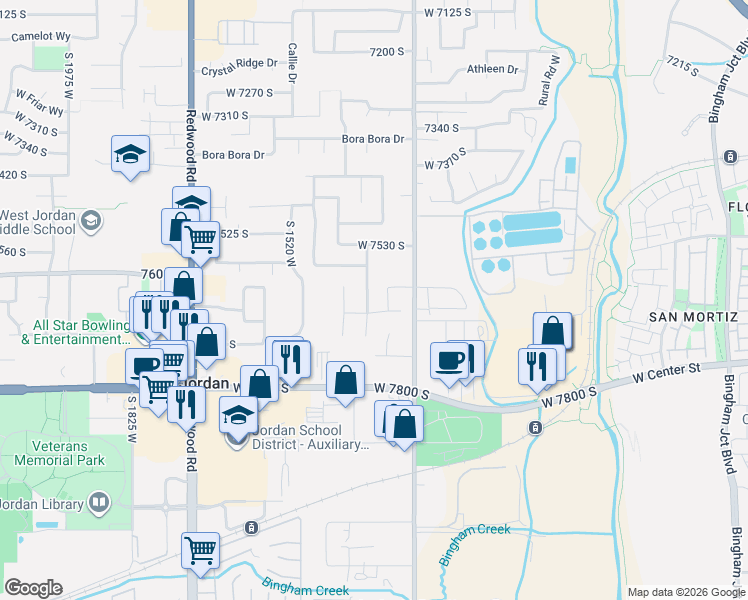 map of restaurants, bars, coffee shops, grocery stores, and more near 7641 Kings Bridge Drive in West Jordan