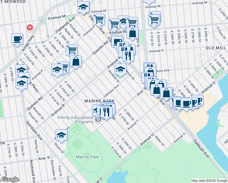 map of restaurants, bars, coffee shops, grocery stores, and more near 1917 Ryder Street in Brooklyn