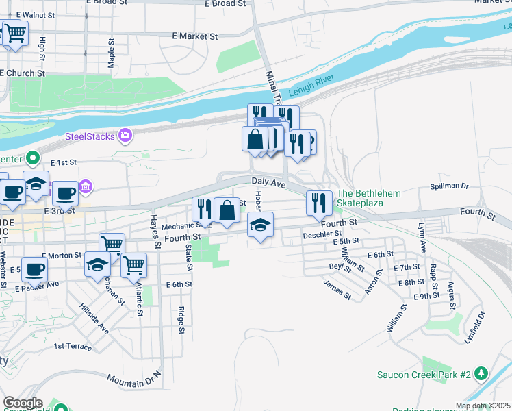 map of restaurants, bars, coffee shops, grocery stores, and more near 302 Hobart Street in Bethlehem