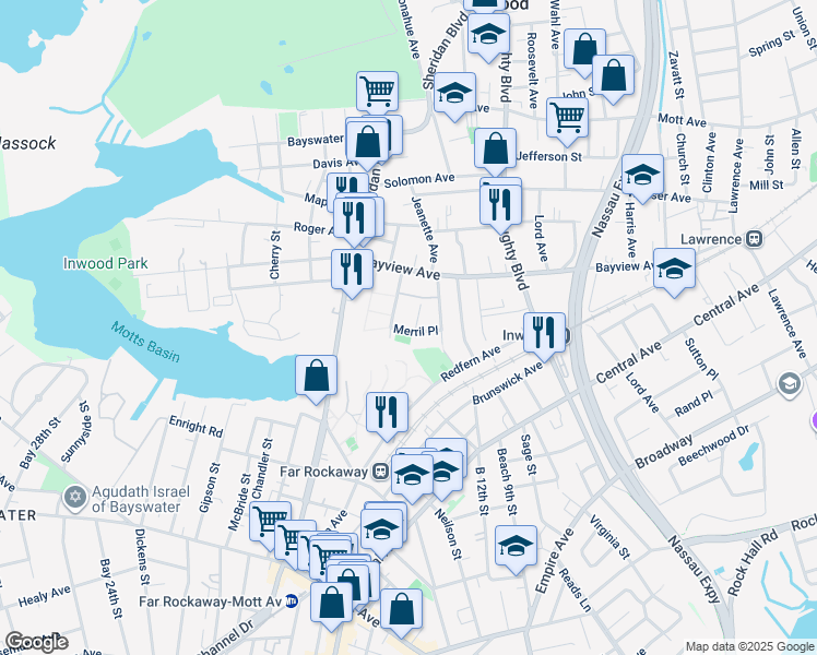 map of restaurants, bars, coffee shops, grocery stores, and more near 25 Jeanette Avenue in Inwood