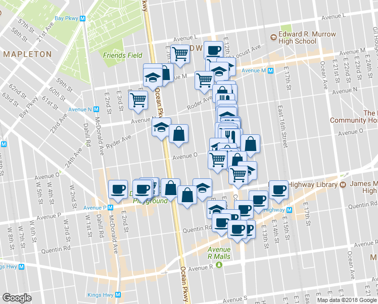 map of restaurants, bars, coffee shops, grocery stores, and more near 713 Avenue O in Brooklyn