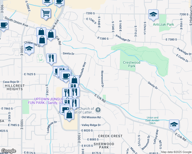map of restaurants, bars, coffee shops, grocery stores, and more near 7641 Mary Esther Circle in Sandy