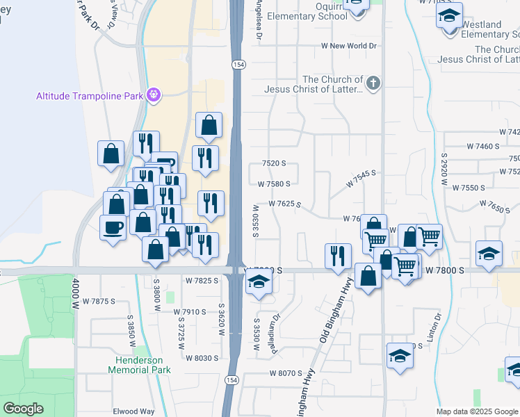 map of restaurants, bars, coffee shops, grocery stores, and more near 3519 West 7625 South in West Jordan