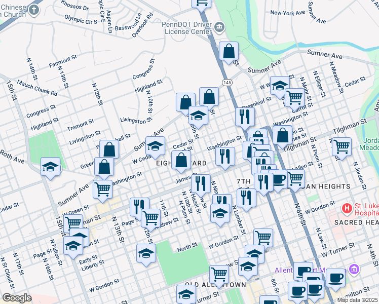 map of restaurants, bars, coffee shops, grocery stores, and more near 915 Washington Street in Allentown