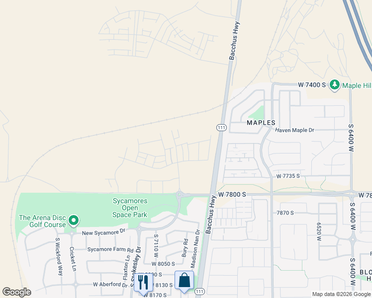 map of restaurants, bars, coffee shops, grocery stores, and more near 7626 Clipper Hill Road in West Jordan