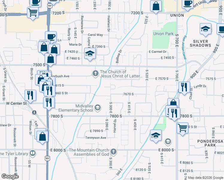 map of restaurants, bars, coffee shops, grocery stores, and more near 7634 South 300 East in Midvale