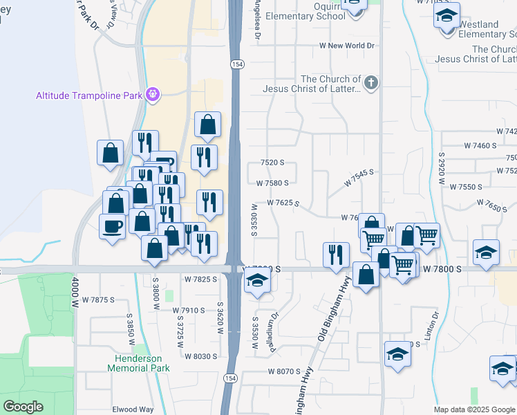 map of restaurants, bars, coffee shops, grocery stores, and more near 3519 West 7625 South in West Jordan