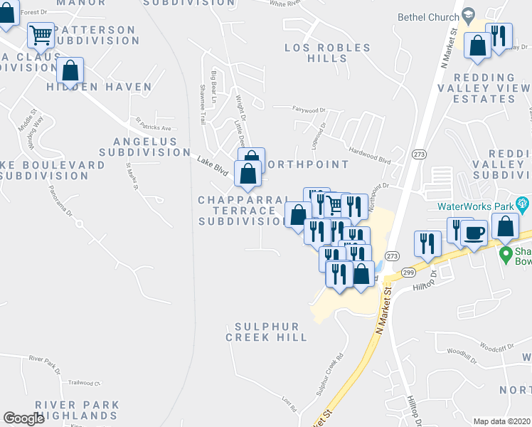 map of restaurants, bars, coffee shops, grocery stores, and more near 351 Lake Boulevard in Redding