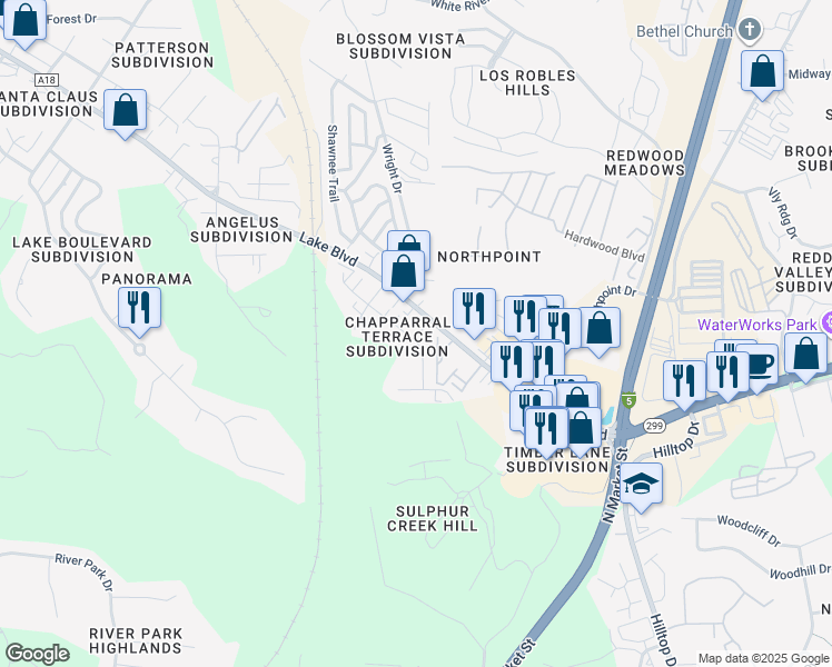 map of restaurants, bars, coffee shops, grocery stores, and more near 447 Buckeye Terrace in Redding